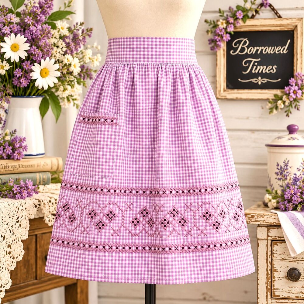 Vintage Handmade Purple Gingham Cross Stitch Apron Cotton Folk Art Kitchen